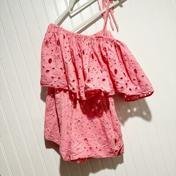 Anthropologie La Fuori Pink Eyelet Lace Romper One Shoulder Size Medium - Picture 2 of 7